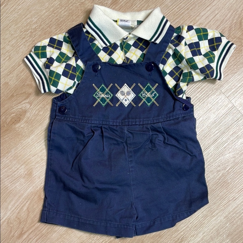 VTG Baby Togs Argyle Polo Shirt & Navy TENNIS CLUB Embroidered Overalls Vintage
